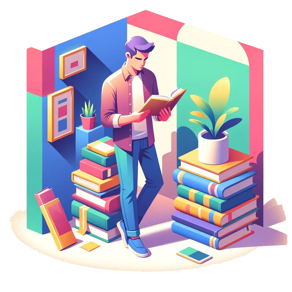 Stylized illustration of a person reading with a stack of books